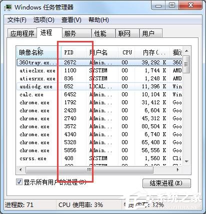 Win7怎么通过任务管理器查看进程PID标识符